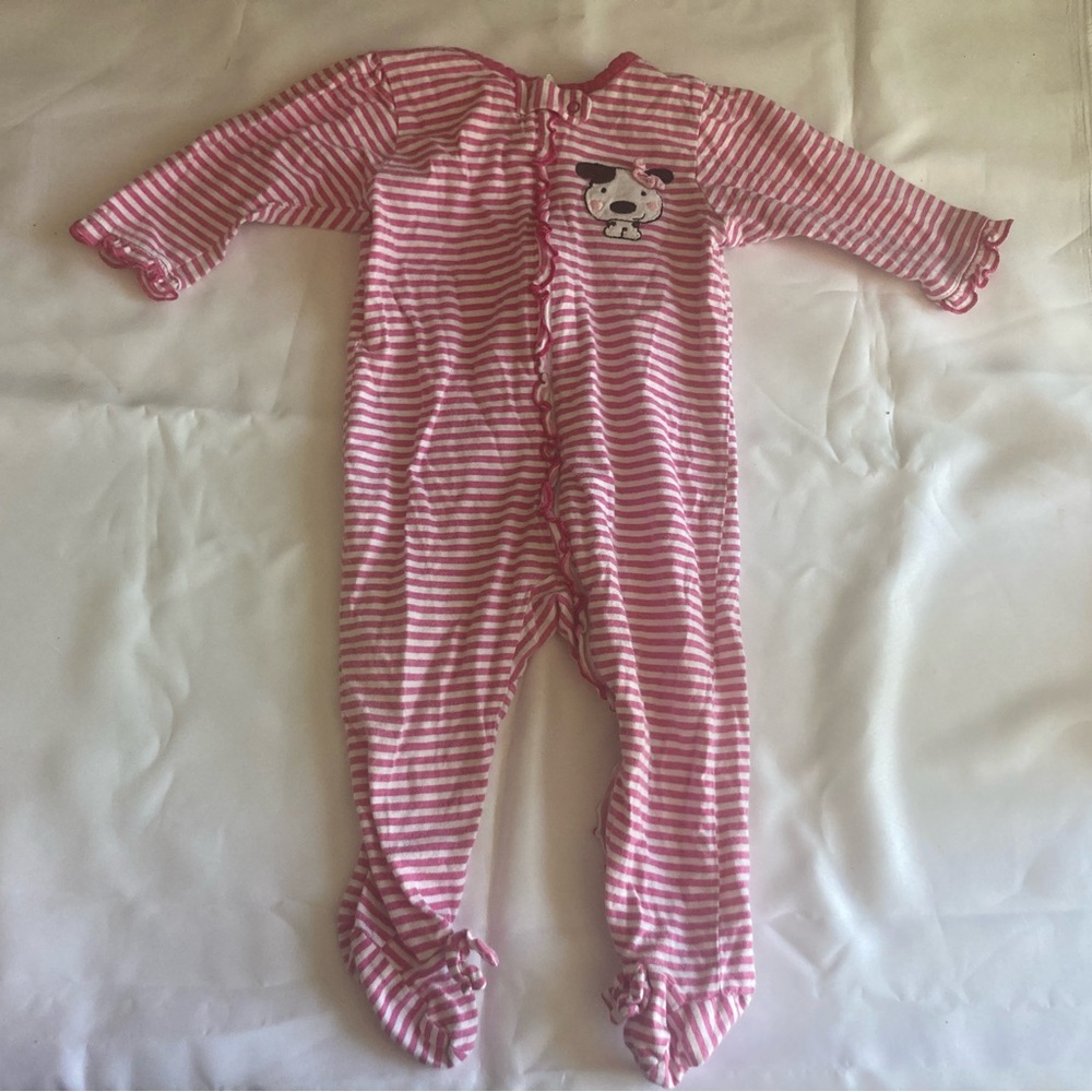 5 for $10 Gerber Pink and White Striped Footed Baby Pajamas with Puppy Patch